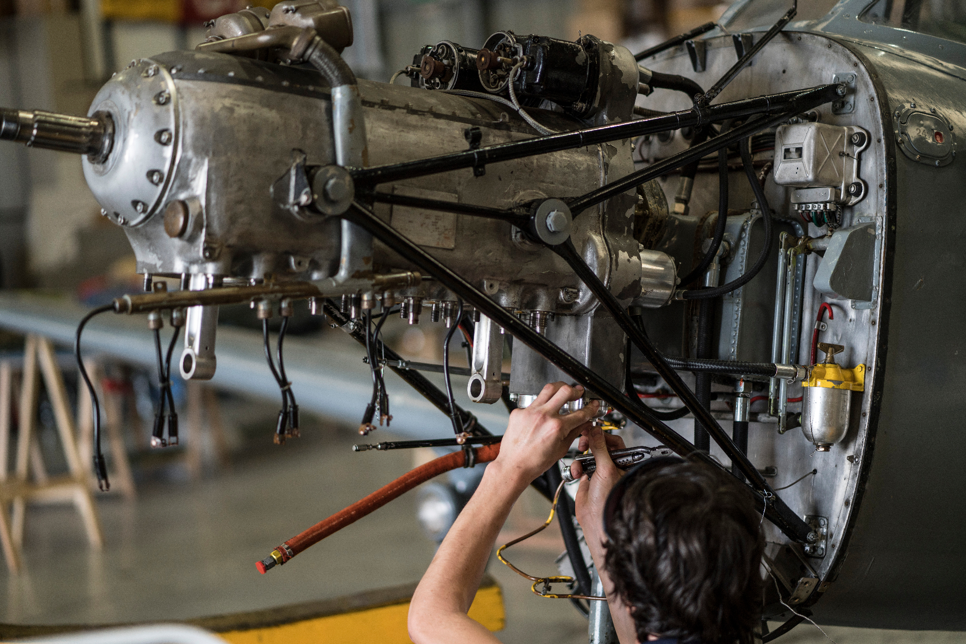 Cessna in a Prineville maintenance hangar at golden hour